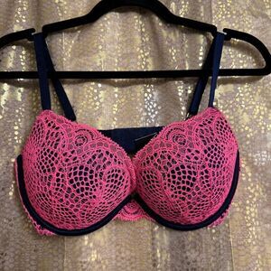 Victorias Secret Hot Pink Navy Blue Lace Very Sexy Push Up Bra 34D